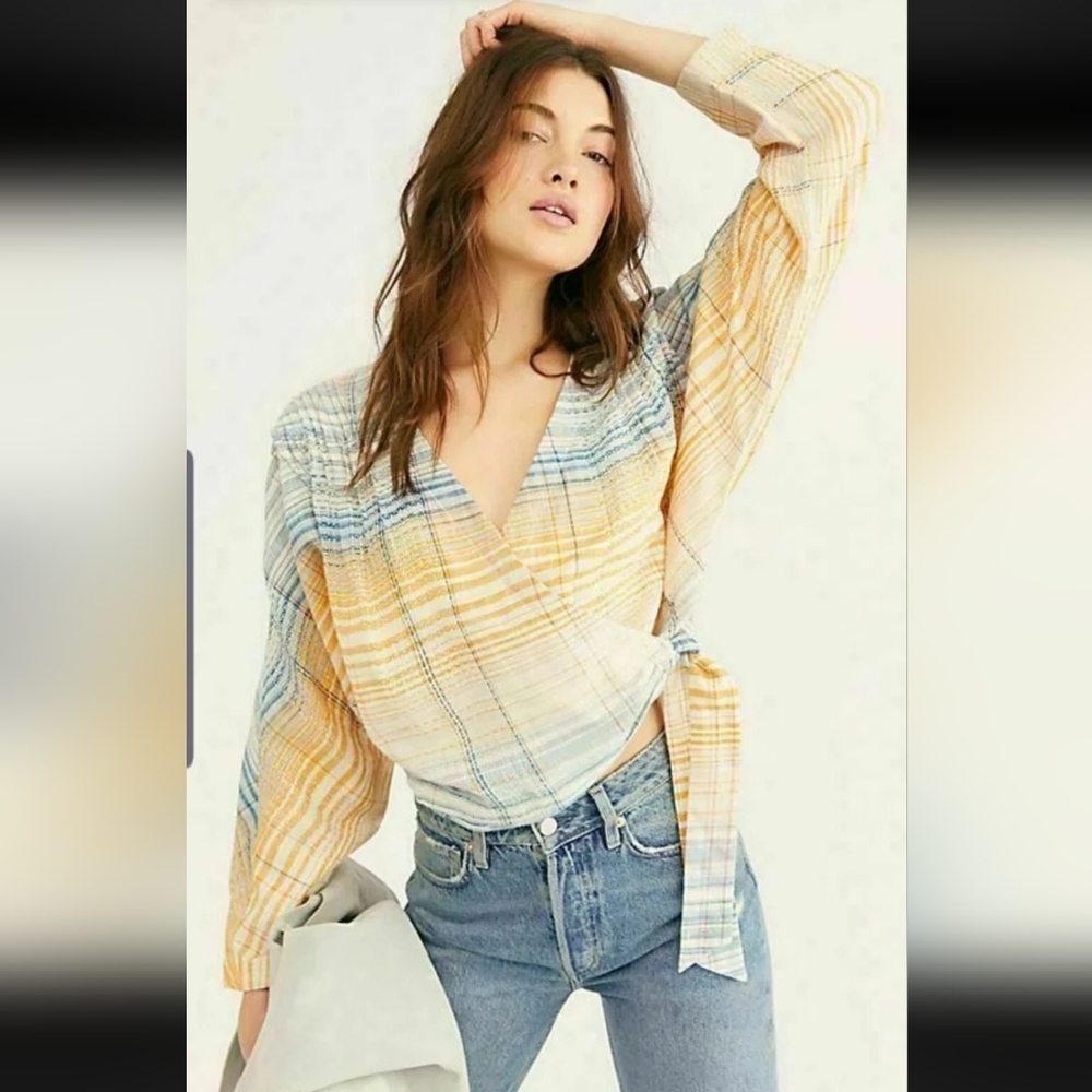Free People We The Free Maldives Wrap Blouse Top Striped Endless Summer Large